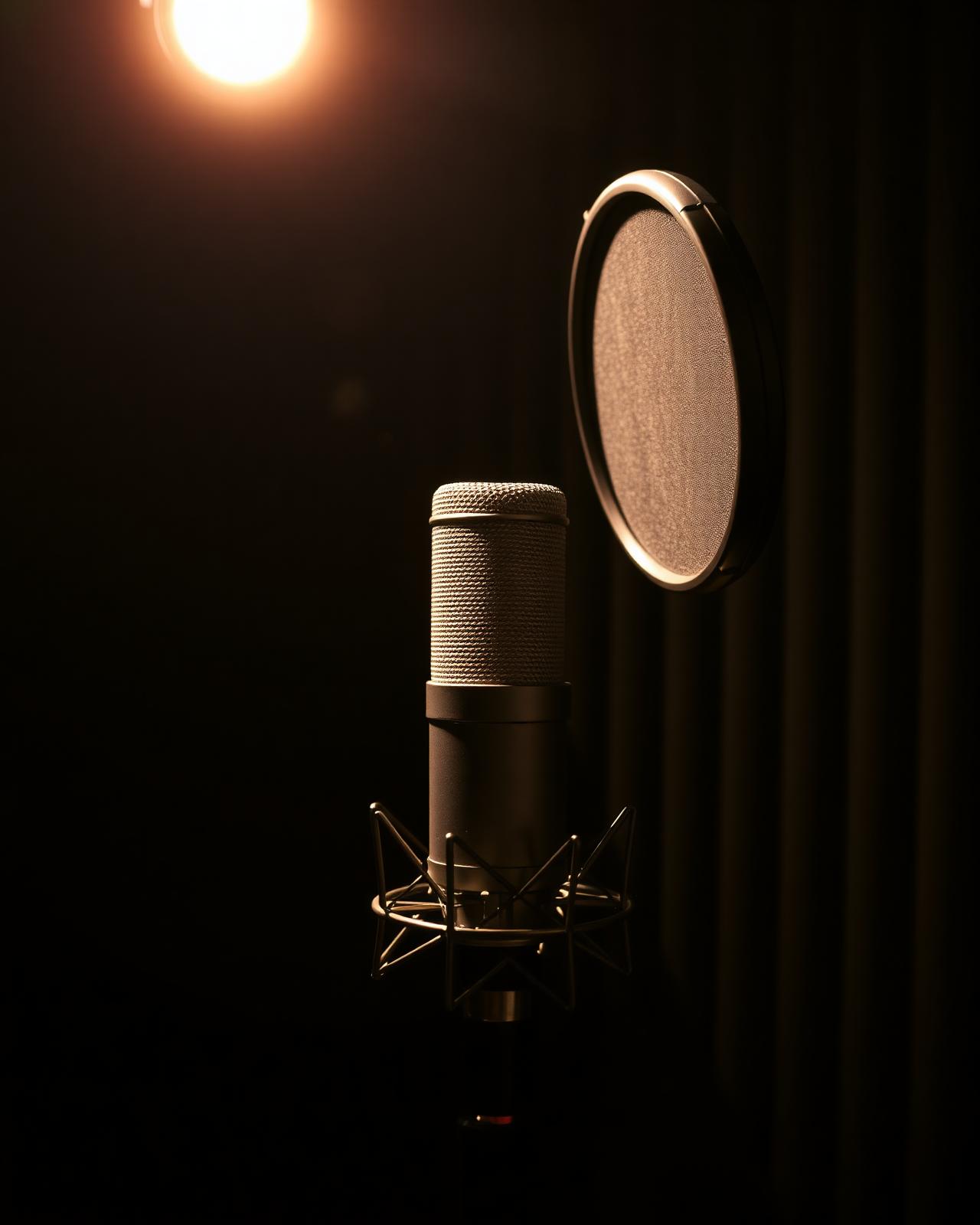 Studio condenser microphone in a dark booth